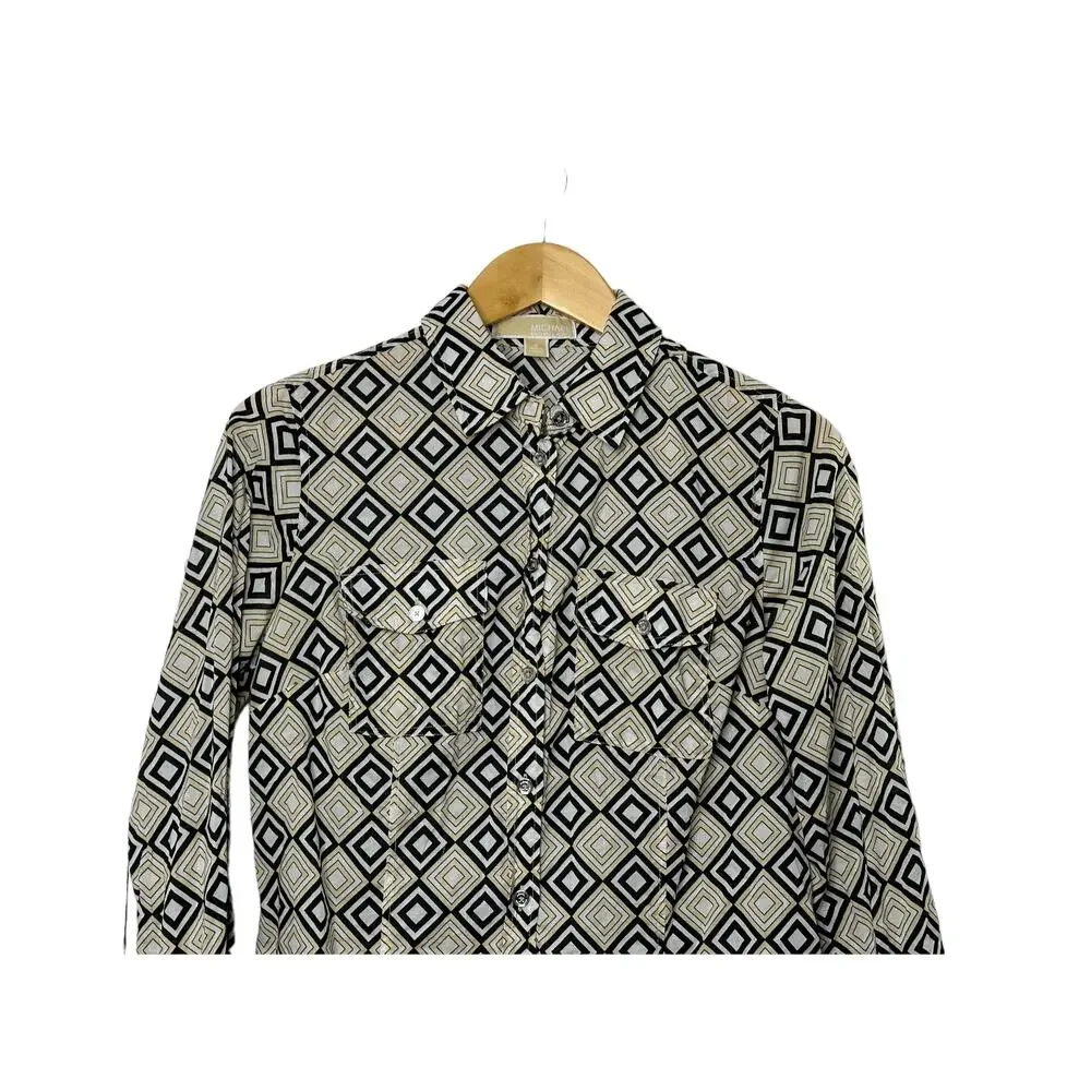 Michael Kors Black & Tan Geometric Print Retro Look Button-Up Shirt Womens Small